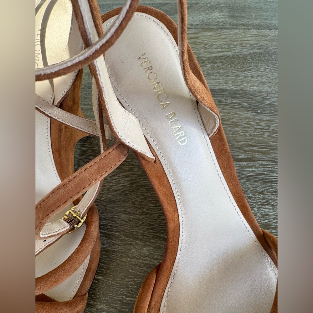 Veronica Beard Manuela 95MM Suede Ankle-Strap Wedge Sandals Caramel Brown 5.5 - Picture 8 of 11